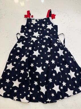 Jessica Ann Navy Star Print Dress with Red Strap Bows